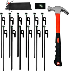 12Pcs Tent Stake with Hammer Set, 8in Tent Stakes Heavy Duty with 10.5in Camping Hammer, Storage Pouch, Forged Steel Tent Stakes for Camping Used on Rocks, Grassland(12Pcs 8in Stakes Hammer)