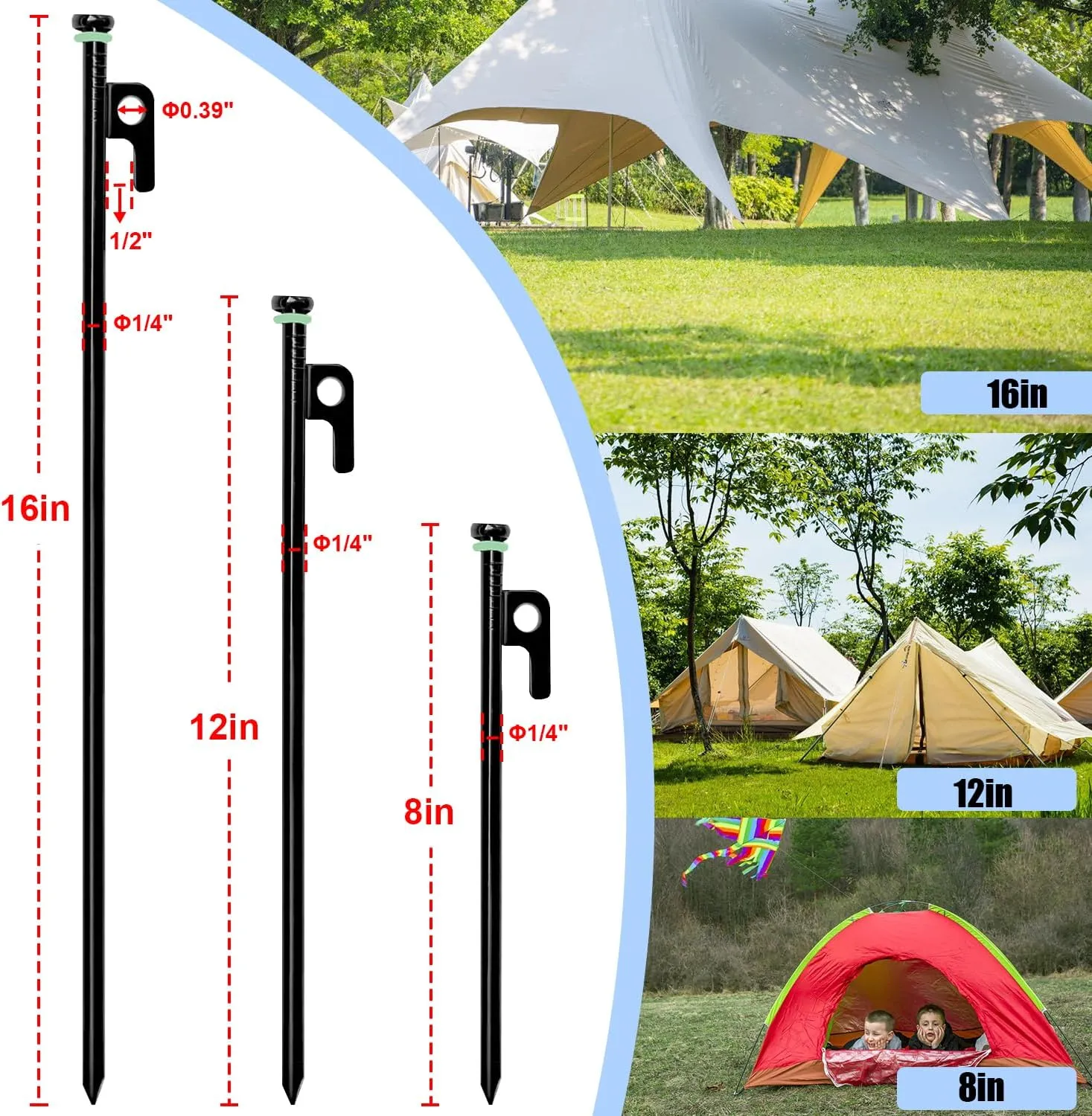 12Pcs Tent Stake with Hammer Set, 8in Tent Stakes Heavy Duty with 10.5in Camping Hammer, Storage Pouch, Forged Steel Tent Stakes for Camping Used on Rocks, Grassland(12Pcs 8in Stakes Hammer)