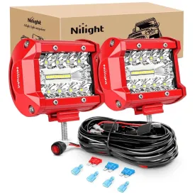 4 Inch 60W Triple Row Red Case Spot Flood LED Light Bars (Pair) | 16AWG Wire 3Pin Switch