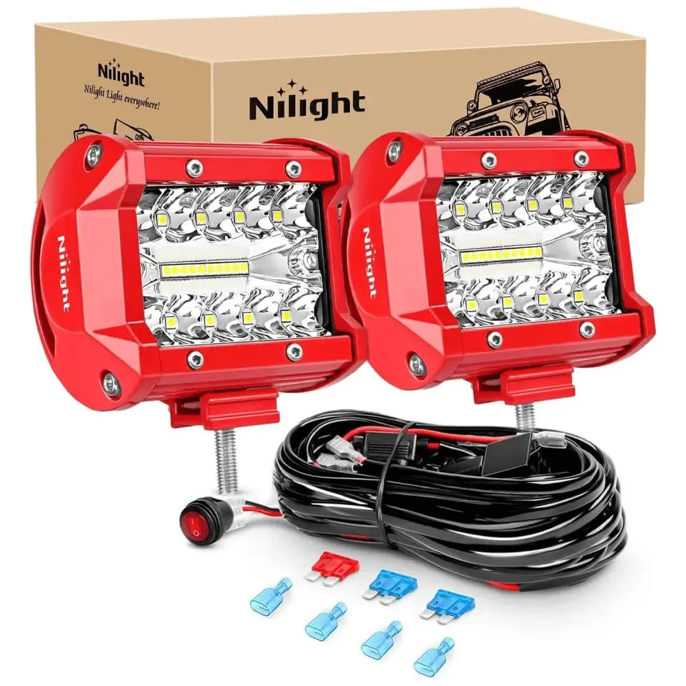4 Inch 60W Triple Row Red Case Spot Flood LED Light Bars (Pair) | 16AWG Wire 3Pin Switch