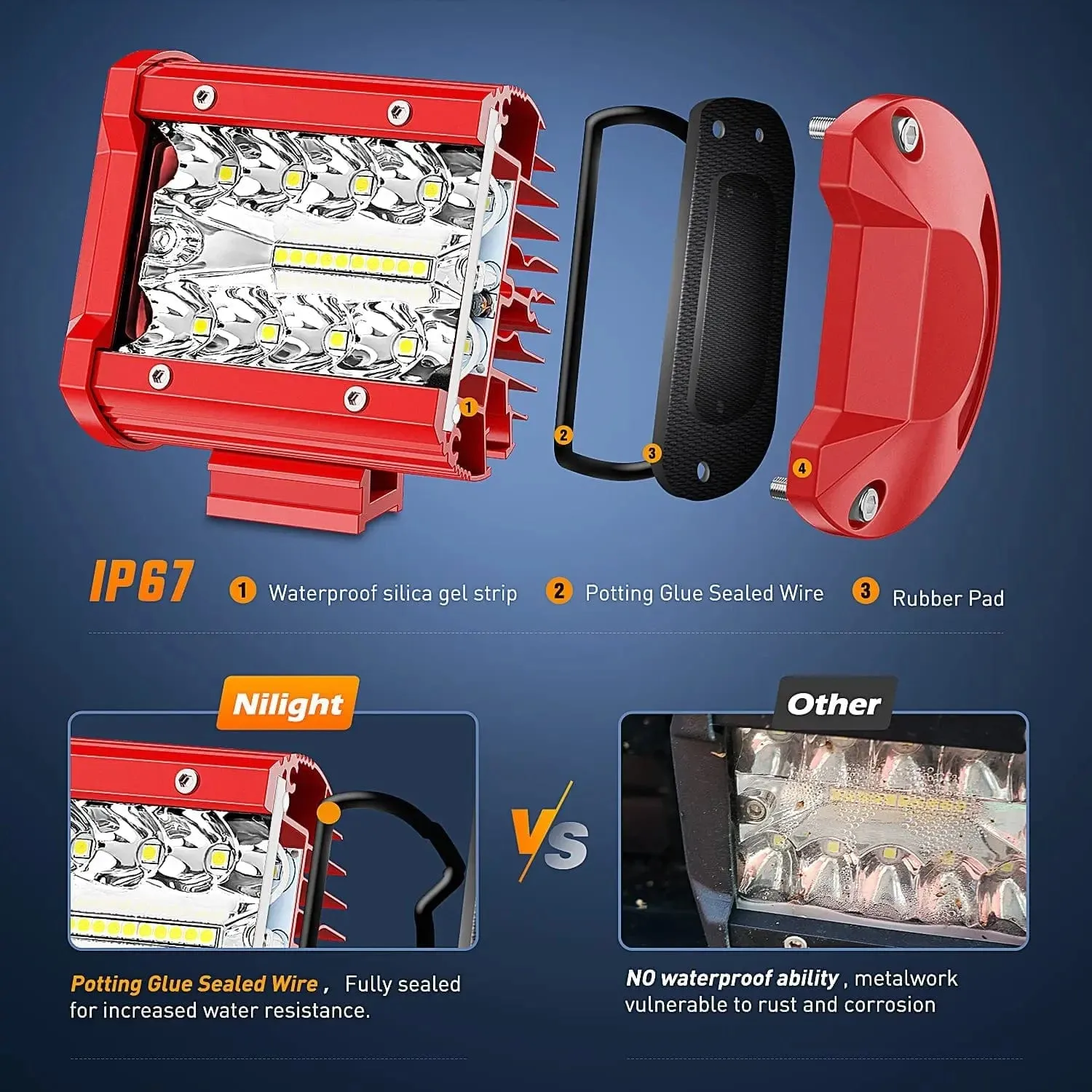 4 Inch 60W Triple Row Red Case Spot Flood LED Light Bars (Pair) | 16AWG Wire 3Pin Switch