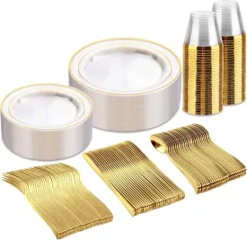 bUCLA 150Pcs Clear Gold Plastic Dinnerware Set - Clear and Gold Disposable Plates Include 25 Dinner / 25 Dessert Plates,25 Knives,25 Forks,25 Spoons,25 Cups for Party&Wedding