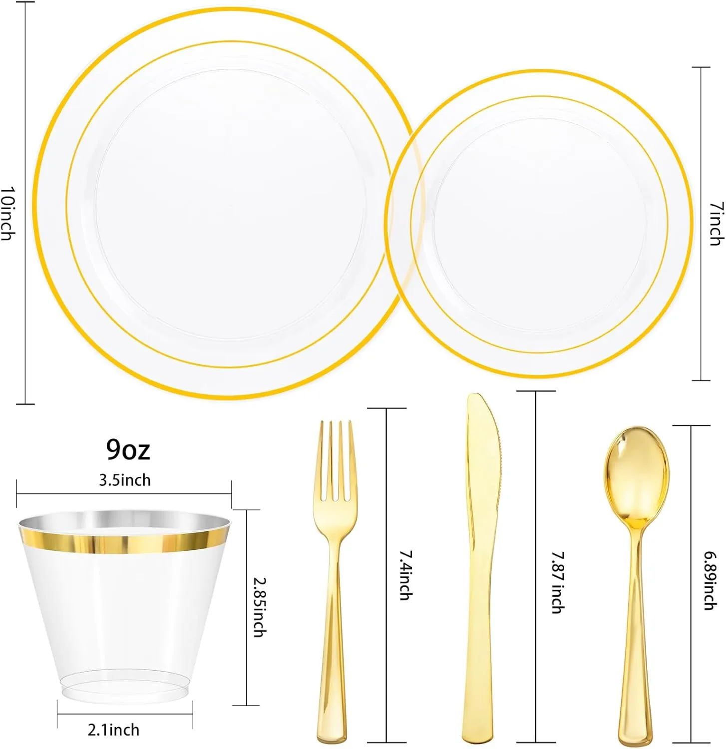 bUCLA 150Pcs Clear Gold Plastic Dinnerware Set - Clear and Gold Disposable Plates Include 25 Dinner / 25 Dessert Plates,25 Knives,25 Forks,25 Spoons,25 Cups for Party&Wedding
