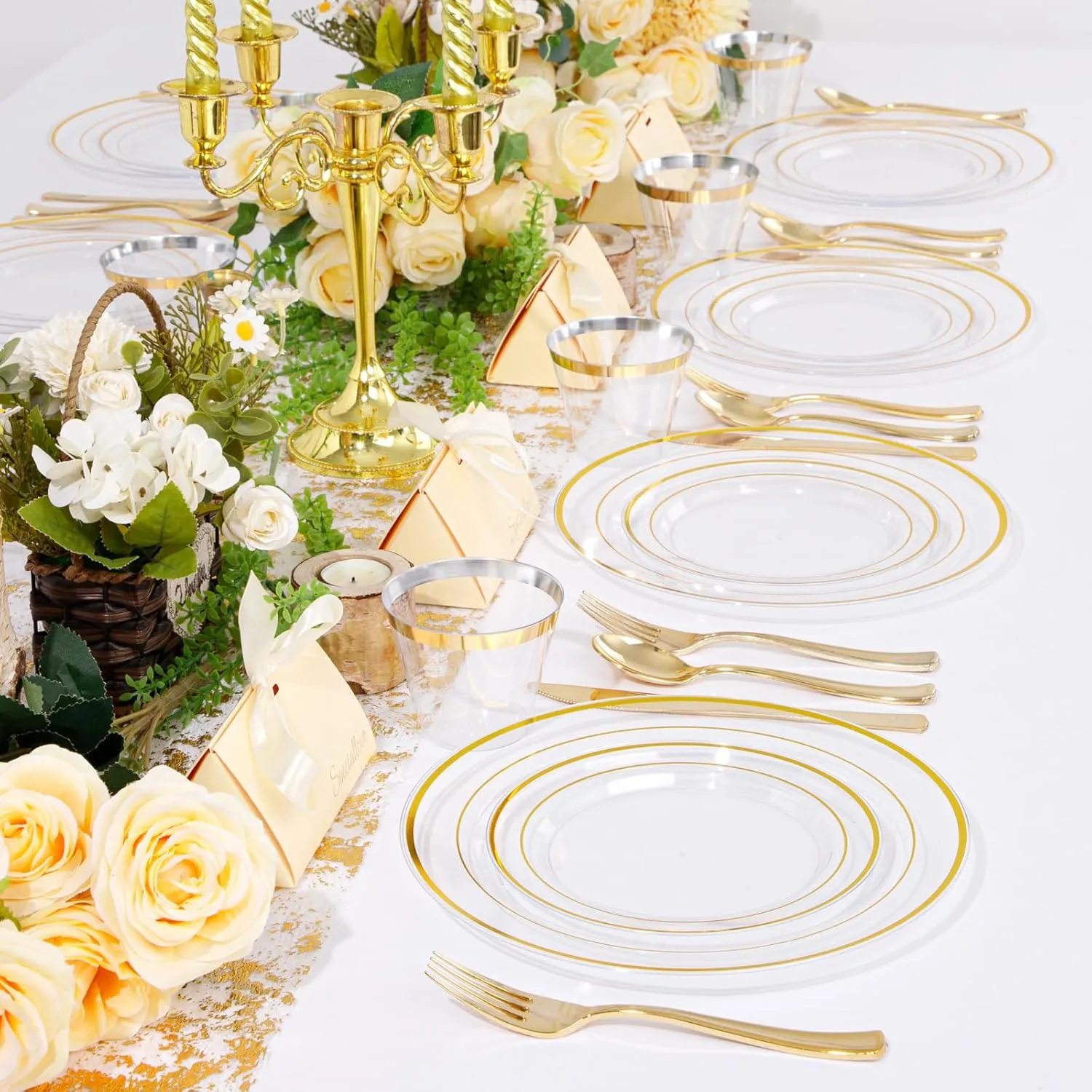 bUCLA 150Pcs Clear Gold Plastic Dinnerware Set - Clear and Gold Disposable Plates Include 25 Dinner / 25 Dessert Plates,25 Knives,25 Forks,25 Spoons,25 Cups for Party&Wedding