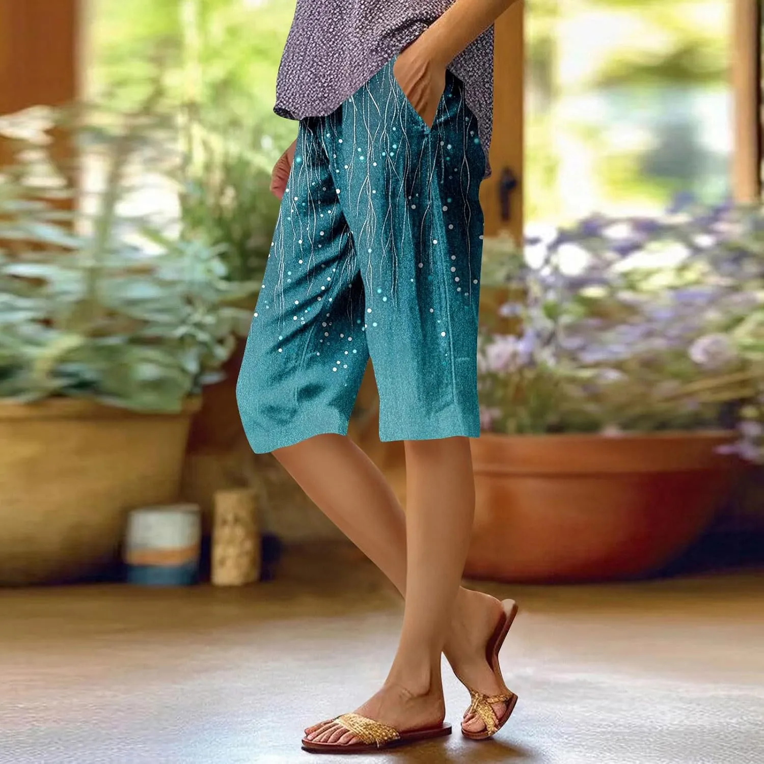 Capri Pants for Women Bermuda Shorts High Waisted Wide Leg Cropped Linen Pants Casual Palazzo Pant with Pockets