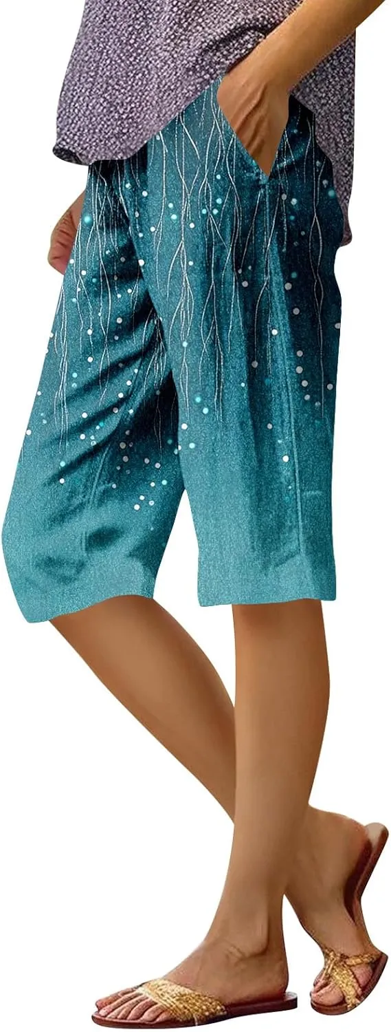 Capri Pants for Women Bermuda Shorts High Waisted Wide Leg Cropped Linen Pants Casual Palazzo Pant with Pockets