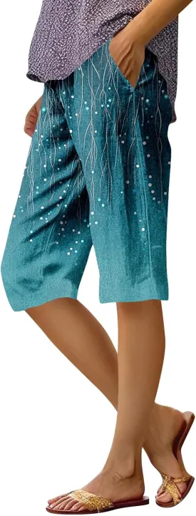Capri Pants for Women Bermuda Shorts High Waisted Wide Leg Cropped Linen Pants Casual Palazzo Pant with Pockets