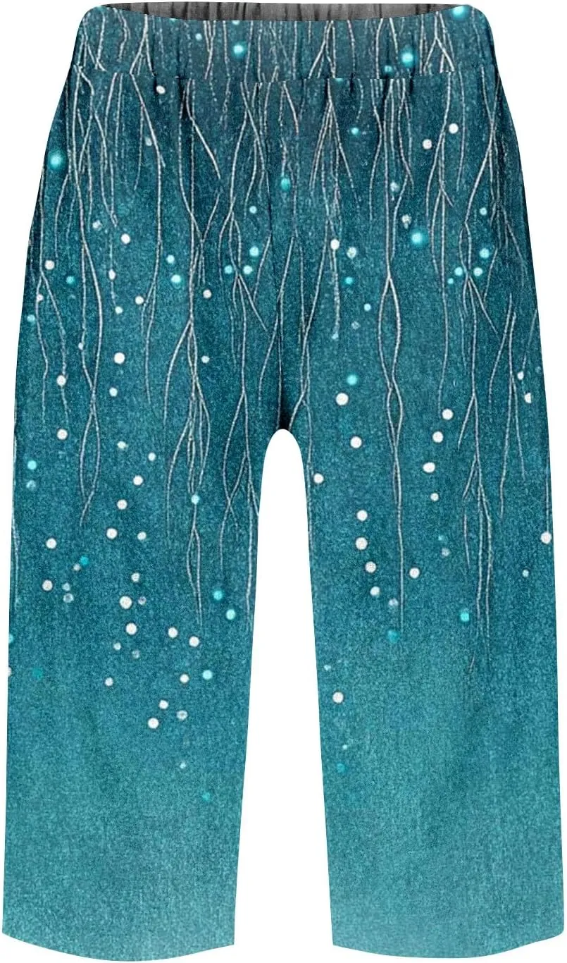 Capri Pants for Women Bermuda Shorts High Waisted Wide Leg Cropped Linen Pants Casual Palazzo Pant with Pockets