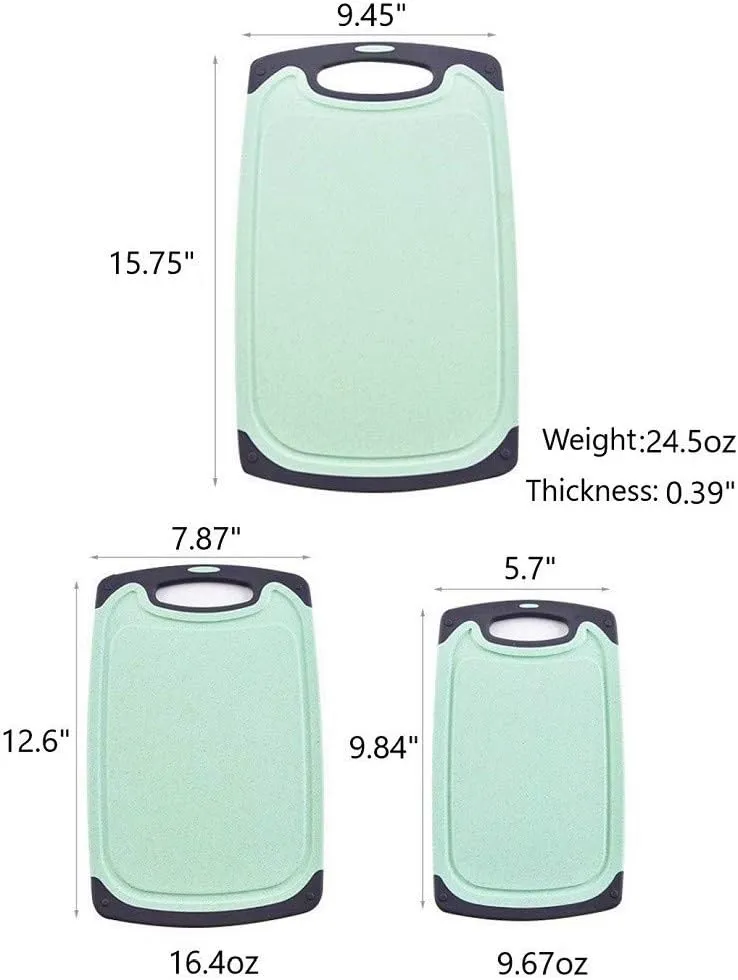 Cutting Boards For Kitchen, Anti-Skid Eco-Wheat Straw Vegetable Board Set (3 Pcs), Dishwasher Safe (Light green)