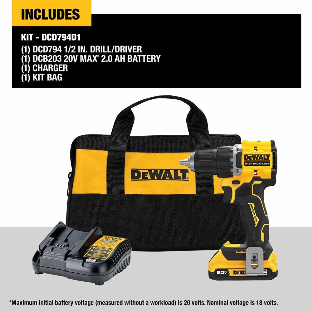 DeWalt DCD794D1 ATOMIC COMPACT SERIES 20V MAX Brushless Cordless 1/2 in. Drill/Driver Kit