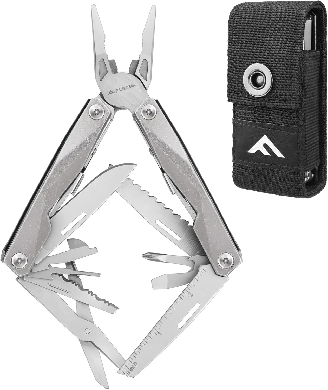 FLISSA Multitool, 16-in-1 Stainless Steel Multi Tool, EDC Multitool with Pocket Knife, Screwdriver, Pliers, Safety Locking and Sheath, Utility Multi-Tool for Camping Survival Outdoor Activities