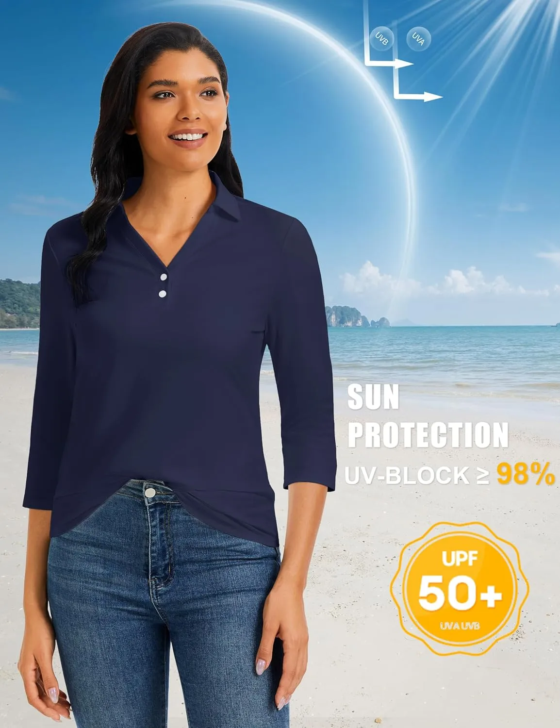 MAGCOMSEN Women's UPF 50  3/4 Long Sleeve Polo Shirts Collared V Neck Golf Shirts Sun Protection Quick Dry Casual Work