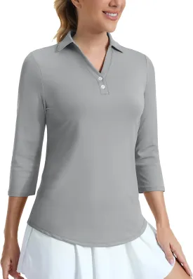 MAGCOMSEN Women's UPF 50  3/4 Long Sleeve Polo Shirts Collared V Neck Golf Shirts Sun Protection Quick Dry Casual Work
