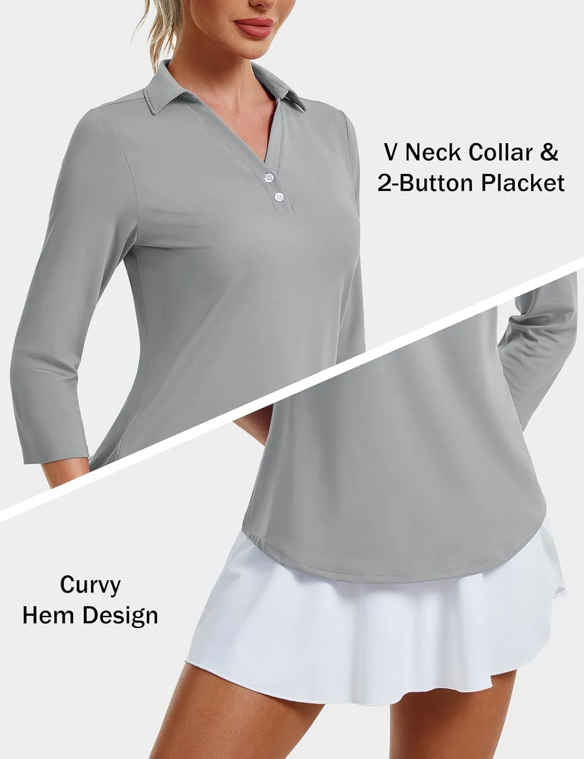 MAGCOMSEN Women's UPF 50  3/4 Long Sleeve Polo Shirts Collared V Neck Golf Shirts Sun Protection Quick Dry Casual Work