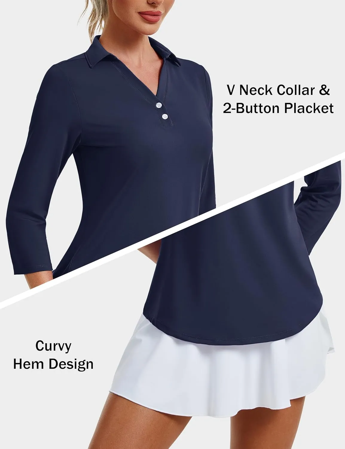 MAGCOMSEN Women's UPF 50  3/4 Long Sleeve Polo Shirts Collared V Neck Golf Shirts Sun Protection Quick Dry Casual Work