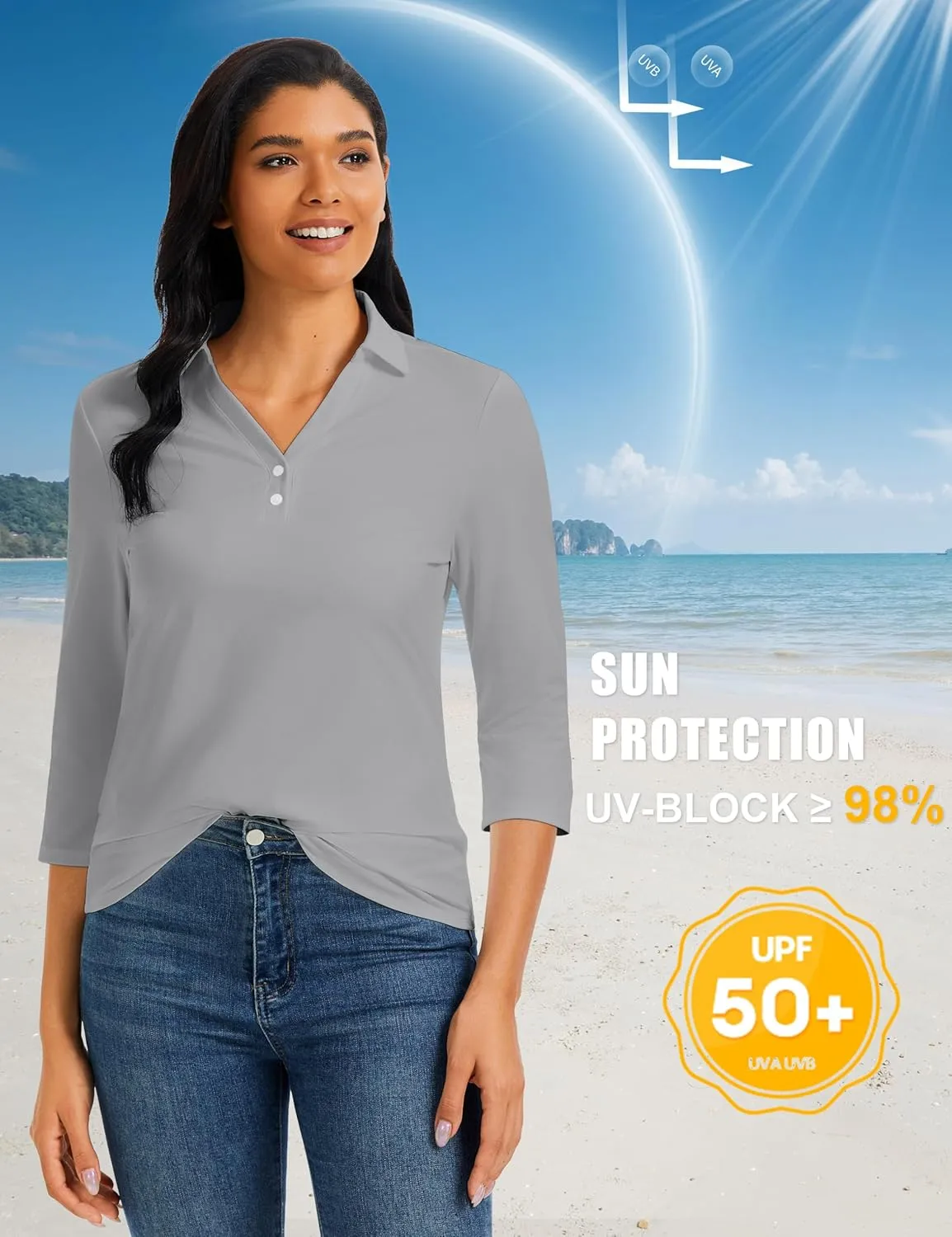 MAGCOMSEN Women's UPF 50  3/4 Long Sleeve Polo Shirts Collared V Neck Golf Shirts Sun Protection Quick Dry Casual Work