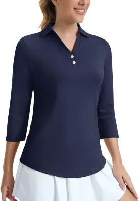 MAGCOMSEN Women's UPF 50  3/4 Long Sleeve Polo Shirts Collared V Neck Golf Shirts Sun Protection Quick Dry Casual Work