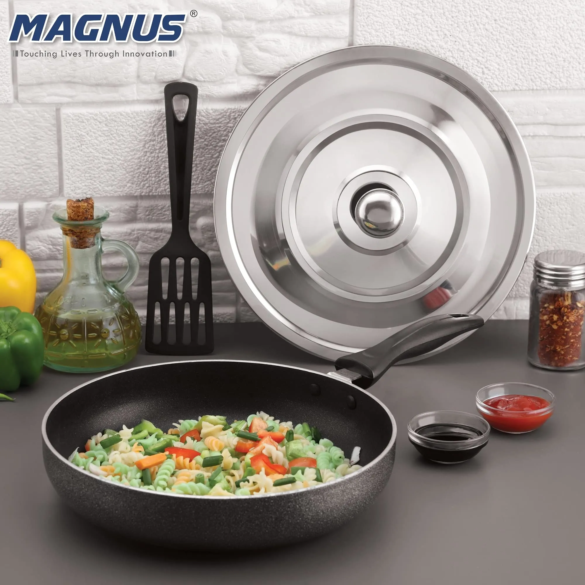Magnus Optima Non-Stick Aluminum Fry Pan with Stainless Steel Lid, 260 mm(2.4 LTR),3 mm Thickness, Hammertone Finish, (Black & Grey)