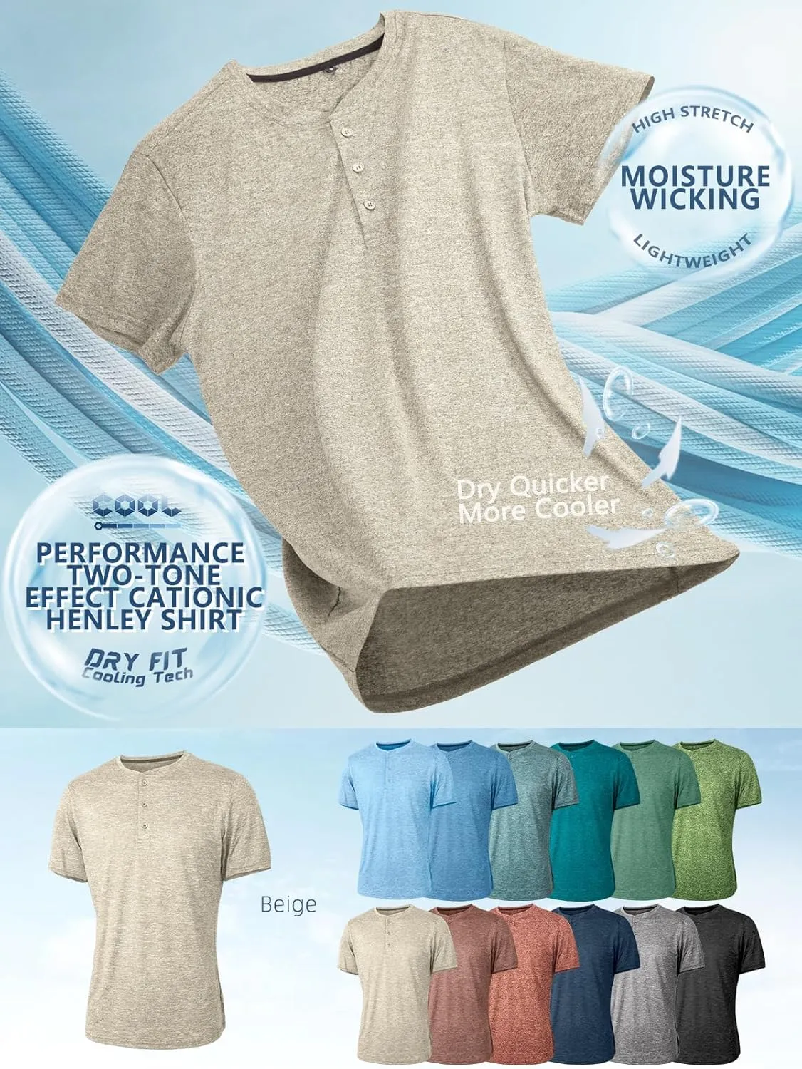 Mens Henley Shirt Dry Fit Tech 3 Button Slim Fit Quick Dry Gym Tshirt Short Sleeve Lightweight Casual T Basic Tee