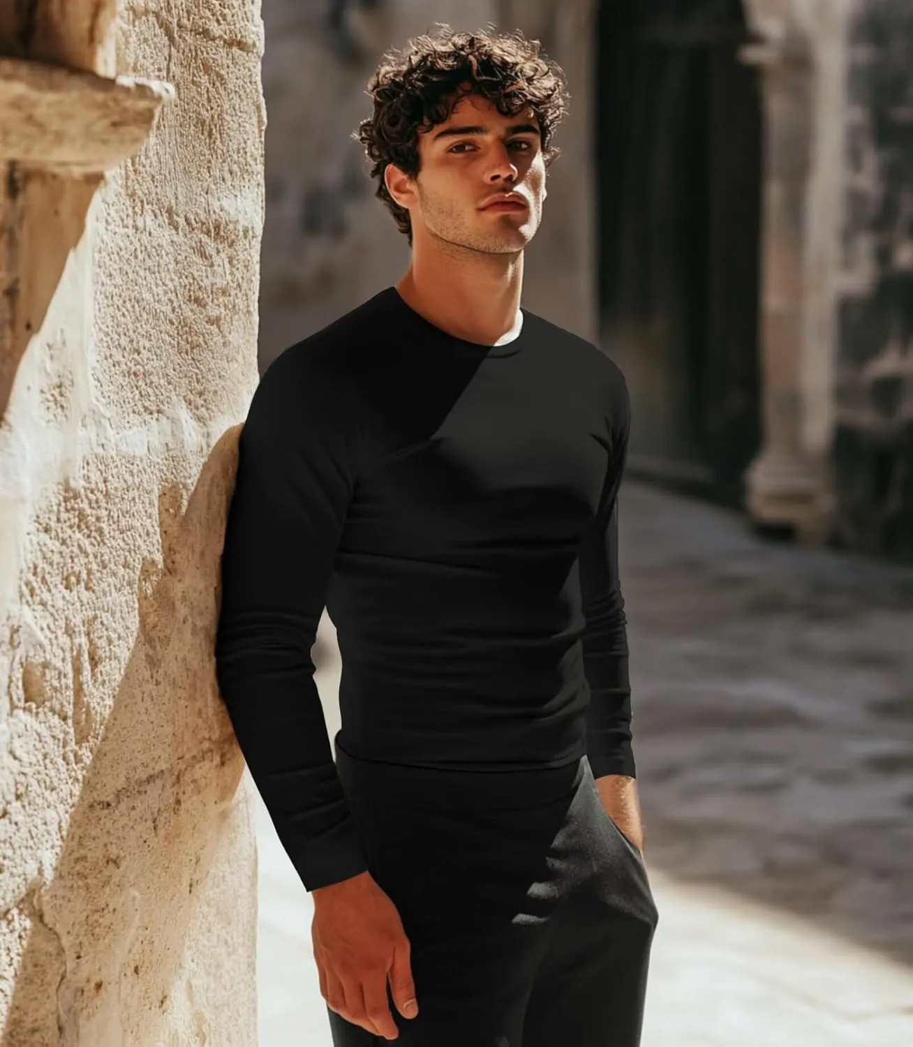 Men's Sport Undershirt, Athletic Thermal Base Layer, Crewneck Long Sleeve Top Slim Fitted Workout Tshirt
