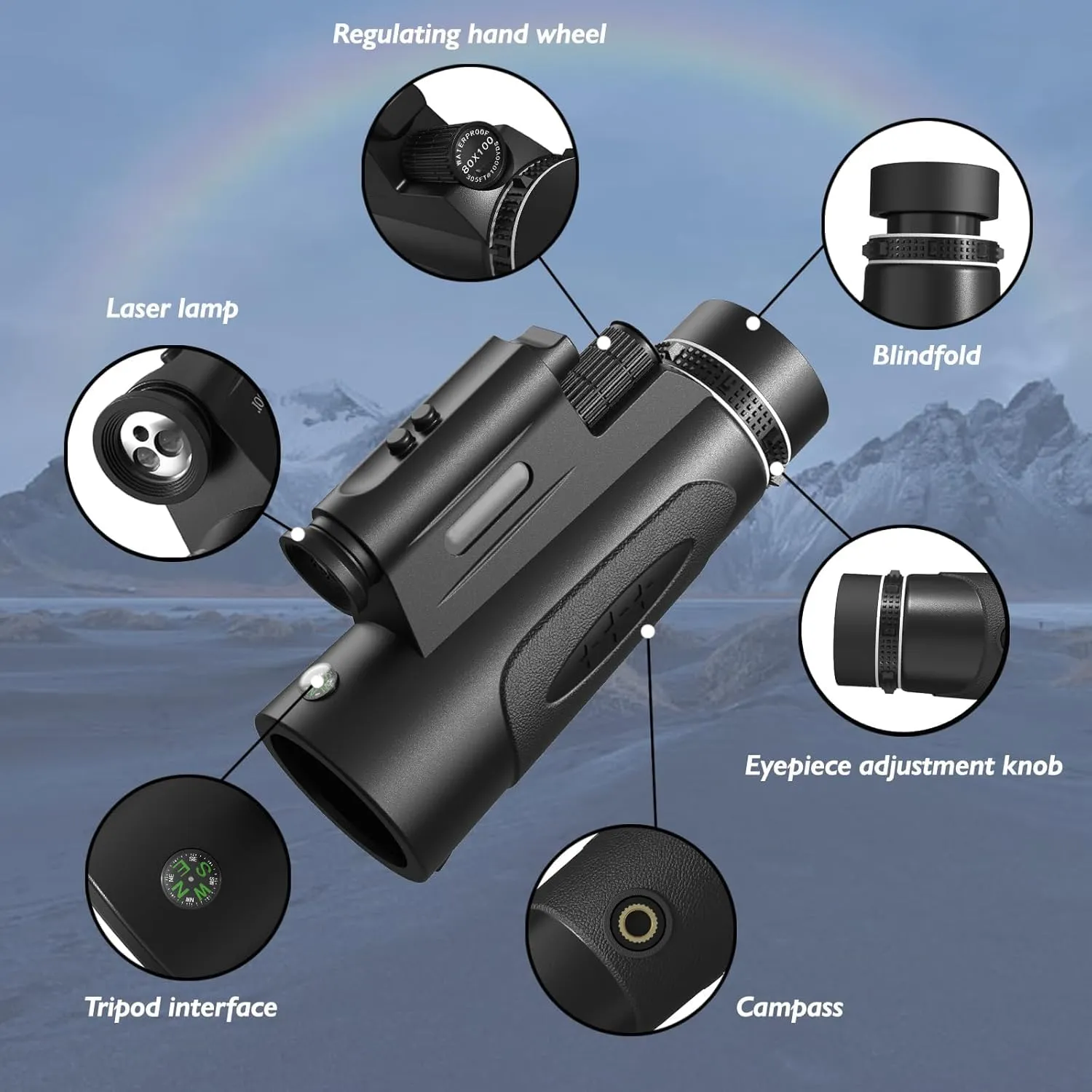 Monocular Telescope with Lights HD Monoculars 80x100 for Adults High Powered Monocular for Hunting with Smartphone Holder & Tripod, Handheld Telescope Suitable for Bird Watching Stargazing-Black