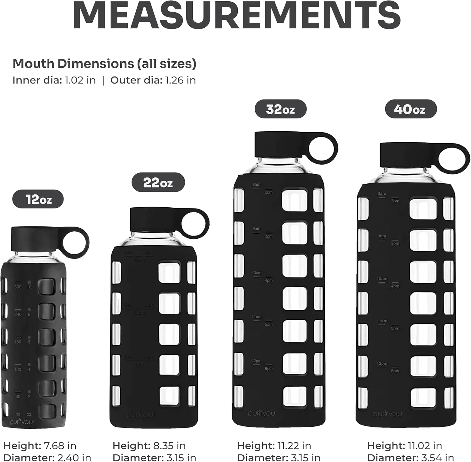 purifyou 40/32/22/12 oz Borosilicate Glass Water Bottles with Volume Markers, Silicone Sleeve, Stainless Steel Lid, Reusable Bottle for Water, Juice, Gym, and Fridge Storage (12oz Jet Black)