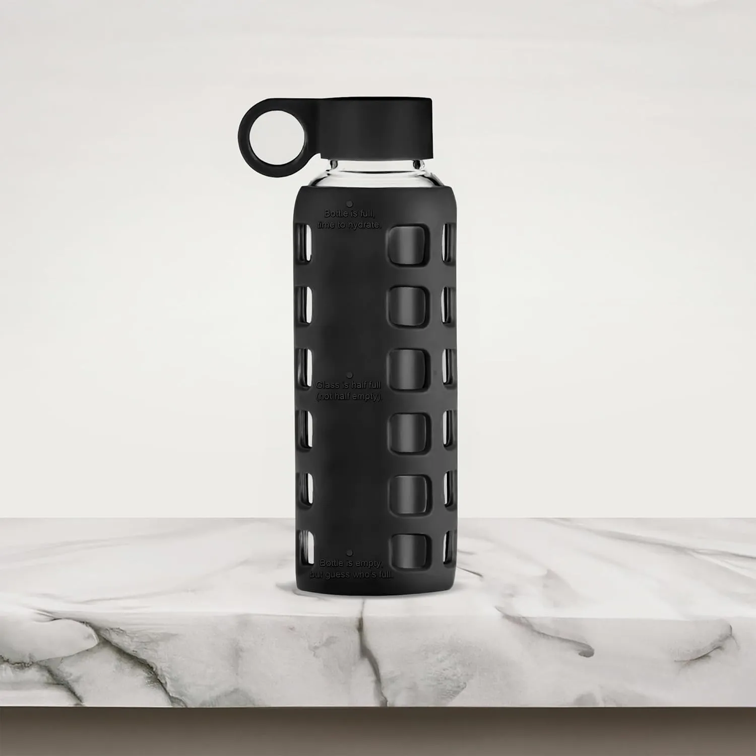 purifyou 40/32/22/12 oz Borosilicate Glass Water Bottles with Volume Markers, Silicone Sleeve, Stainless Steel Lid, Reusable Bottle for Water, Juice, Gym, and Fridge Storage (12oz Jet Black)