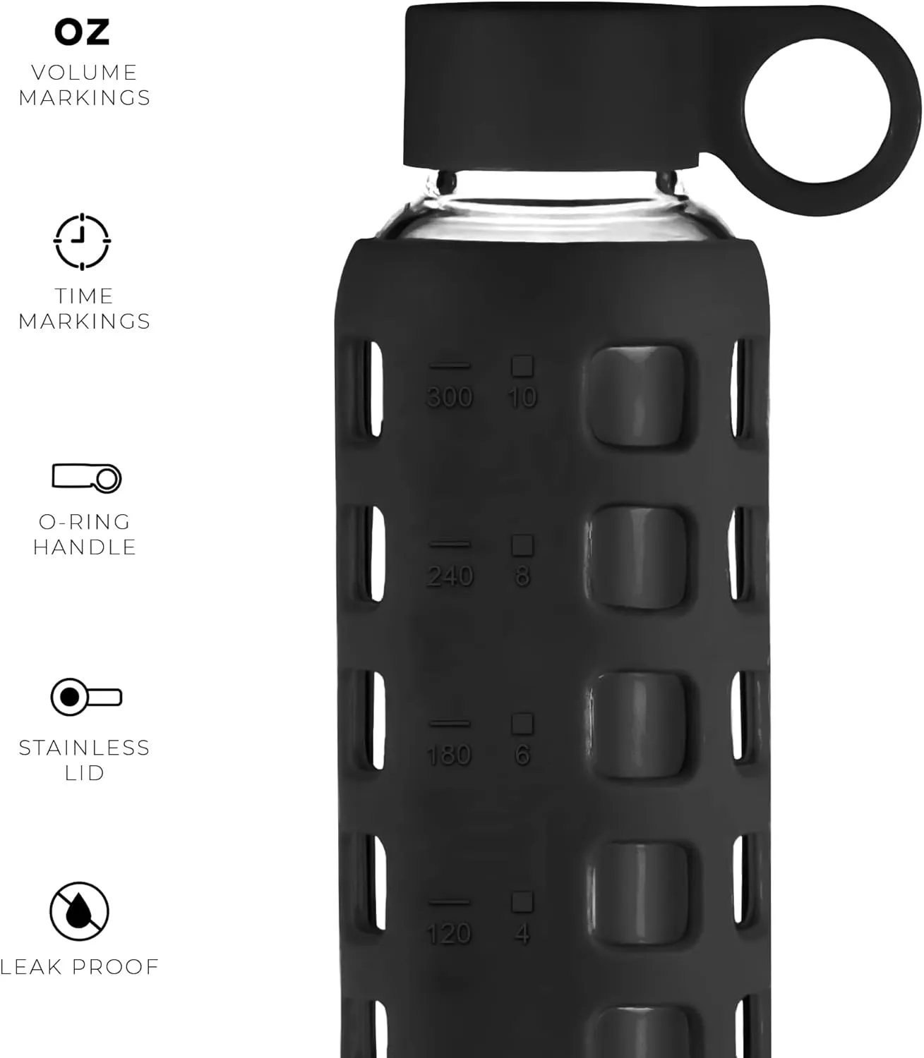 purifyou 40/32/22/12 oz Borosilicate Glass Water Bottles with Volume Markers, Silicone Sleeve, Stainless Steel Lid, Reusable Bottle for Water, Juice, Gym, and Fridge Storage (12oz Jet Black)