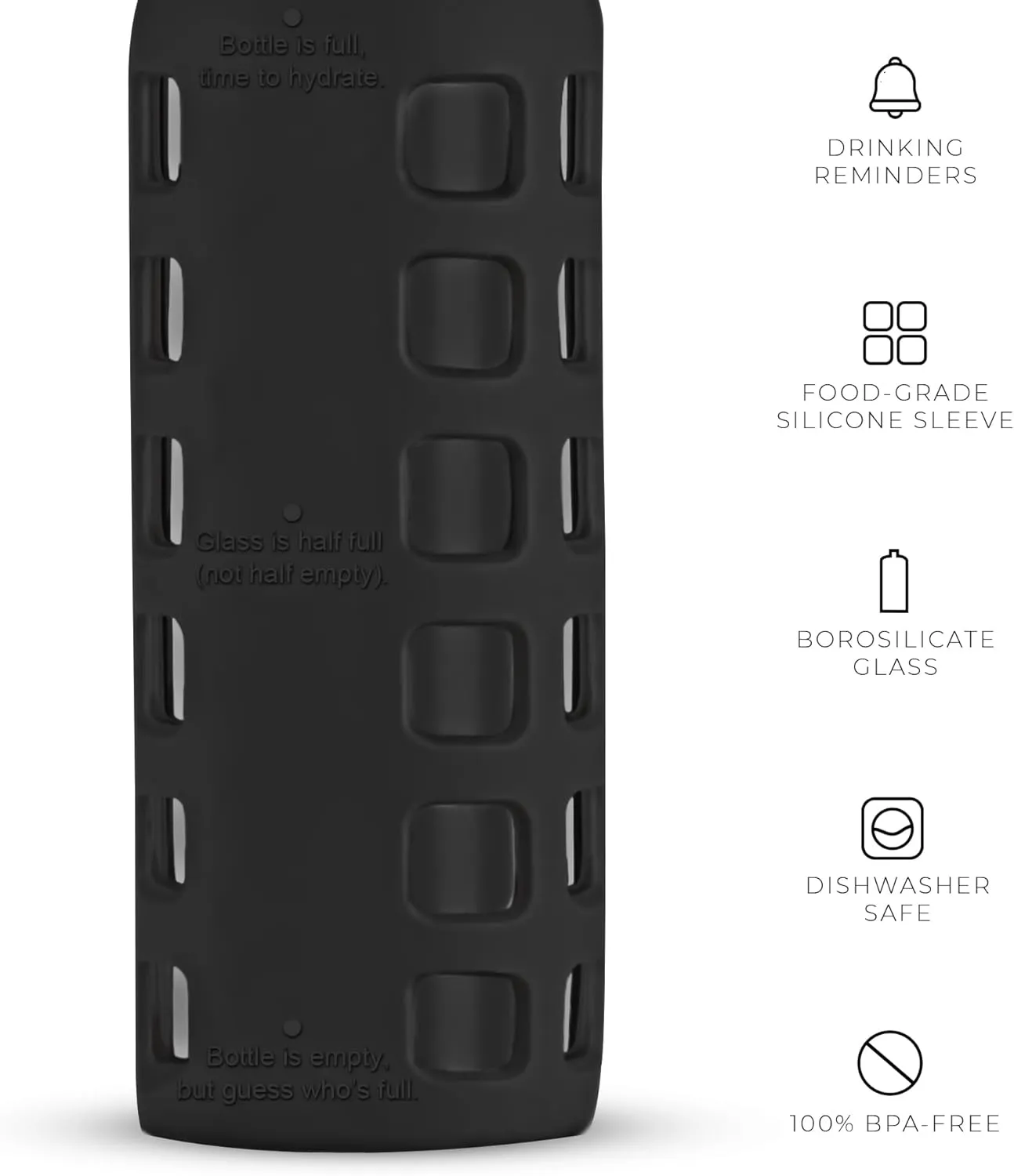 purifyou 40/32/22/12 oz Borosilicate Glass Water Bottles with Volume Markers, Silicone Sleeve, Stainless Steel Lid, Reusable Bottle for Water, Juice, Gym, and Fridge Storage (12oz Jet Black)