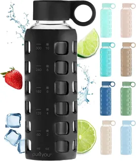 purifyou 40/32/22/12 oz Borosilicate Glass Water Bottles with Volume Markers, Silicone Sleeve, Stainless Steel Lid, Reusable Bottle for Water, Juice, Gym, and Fridge Storage (12oz Jet Black)
