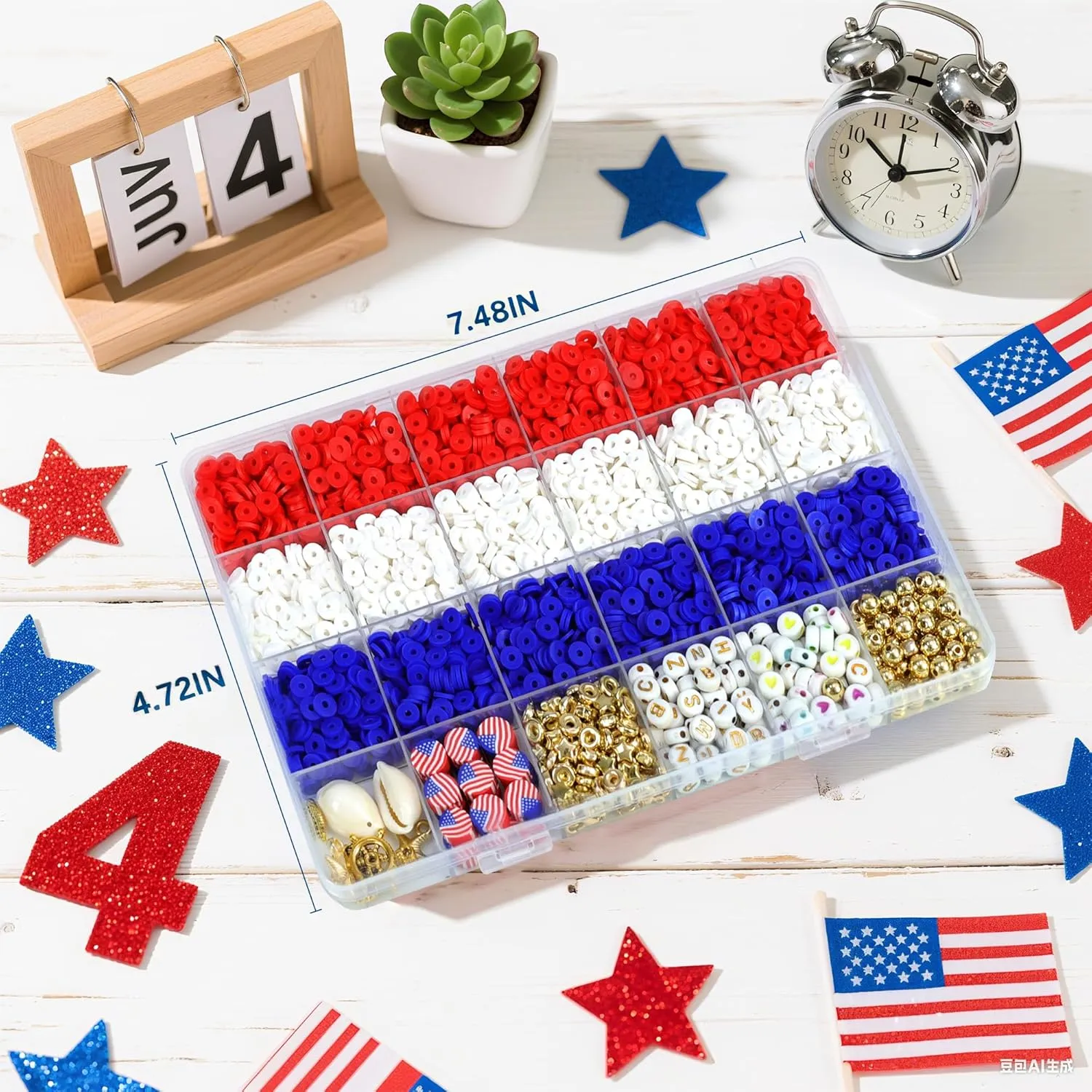 Redtwo 4th of July Red White and Blue Clay Beads Bracelet Making Kit with USA Letter Beads, Patriotic Beads for Jewelry Making for Independence Veterans Day Party Favors, DIY Gifts with America Flag