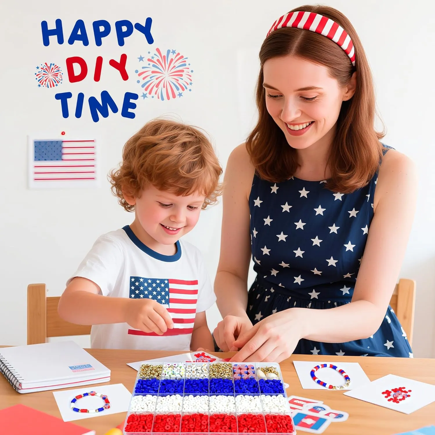 Redtwo 4th of July Red White and Blue Clay Beads Bracelet Making Kit with USA Letter Beads, Patriotic Beads for Jewelry Making for Independence Veterans Day Party Favors, DIY Gifts with America Flag