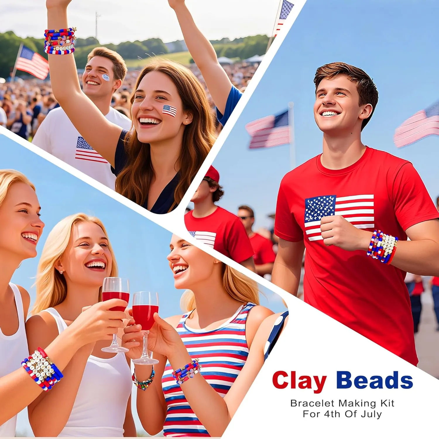 Redtwo 4th of July Red White and Blue Clay Beads Bracelet Making Kit with USA Letter Beads, Patriotic Beads for Jewelry Making for Independence Veterans Day Party Favors, DIY Gifts with America Flag