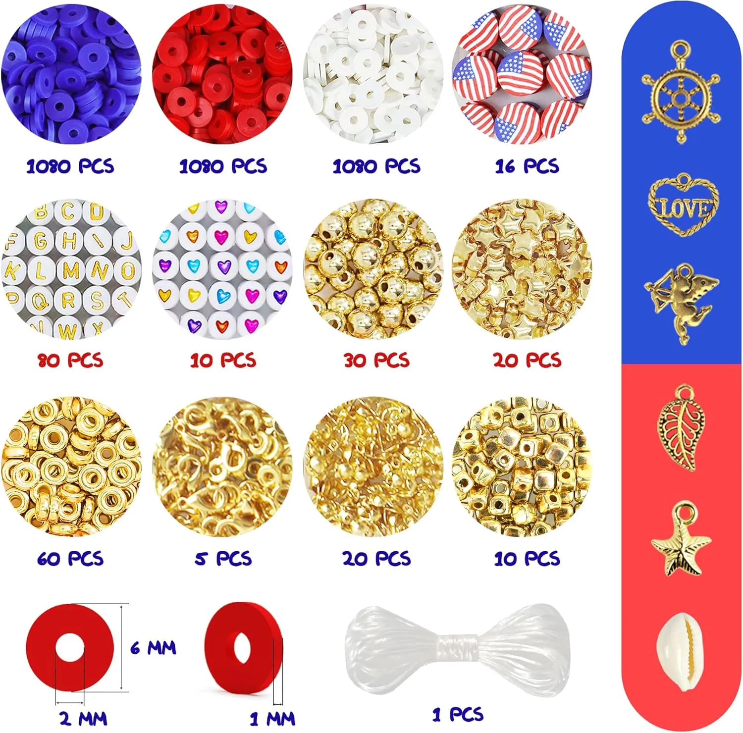 Redtwo 4th of July Red White and Blue Clay Beads Bracelet Making Kit with USA Letter Beads, Patriotic Beads for Jewelry Making for Independence Veterans Day Party Favors, DIY Gifts with America Flag