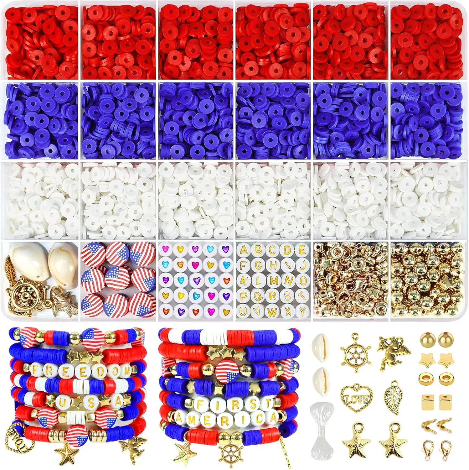Redtwo 4th of July Red White and Blue Clay Beads Bracelet Making Kit with USA Letter Beads, Patriotic Beads for Jewelry Making for Independence Veterans Day Party Favors, DIY Gifts with America Flag