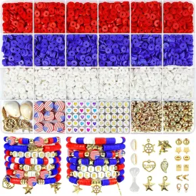 Redtwo 4th of July Red White and Blue Clay Beads Bracelet Making Kit with USA Letter Beads, Patriotic Beads for Jewelry Making for Independence Veterans Day Party Favors, DIY Gifts with America Flag