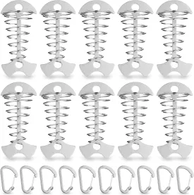 TOBWOLF 10PC Silver Deck Tie Down Anchors Fishbone Tent Pegs with Carabiners, Aluminum Tent Stakes Wind Rope Anchors Spring Deck Anchor Pegs Windproof Tent Rope Tightener Camping Outdoor Accessories