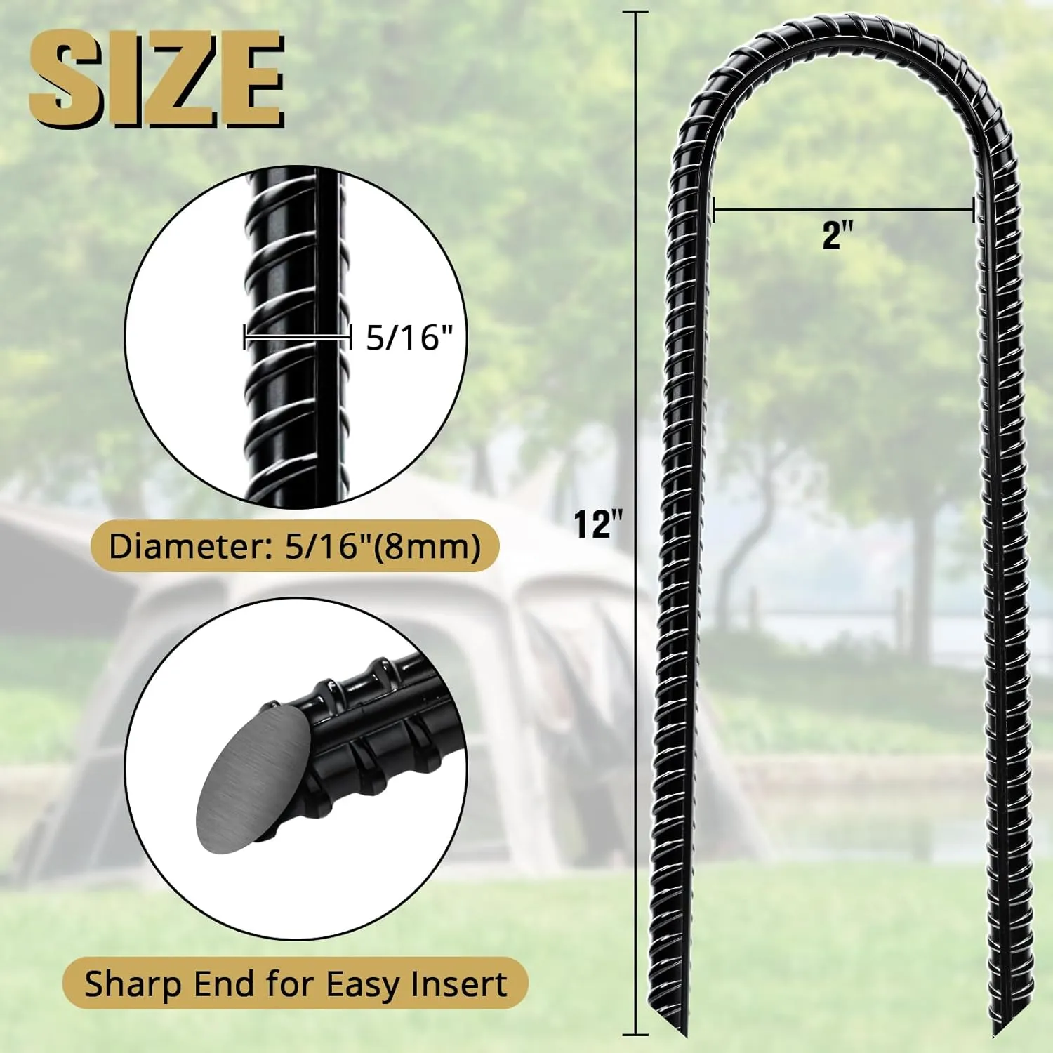 Trampoline Stakes High Wind - Heavy Duty 12 Inch U Shaped Ground Anchors - Galvanized Steel Rebar Stakes for Outdoor Camping Tent Fence Garden Decorations(8 Pack Black)